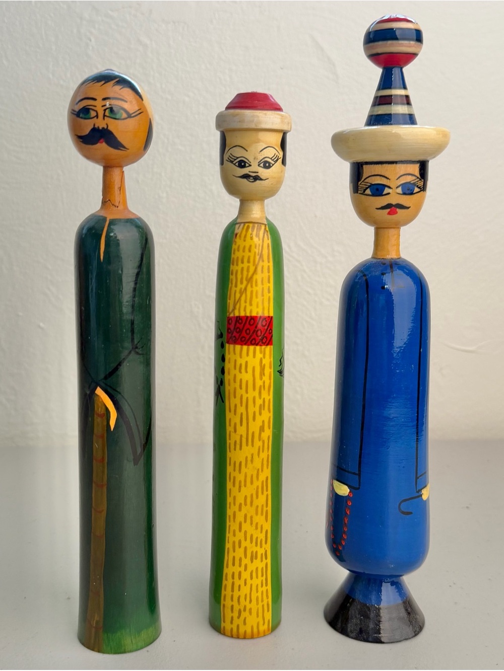 Vintage Hand Painted Wooden Folk Art Dolls Tall Figures Set of 3 Collectable